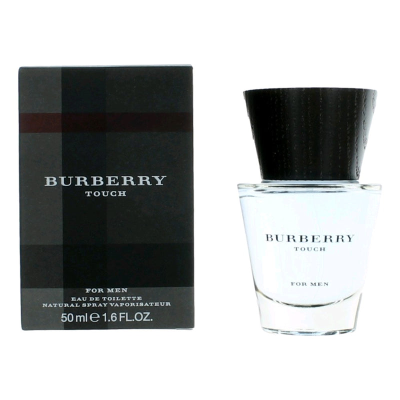 Burberry Touch for Men 1.7 oz EDT spray bottle, sleek glass container with silver cap, displaying the classic Burberry branding.