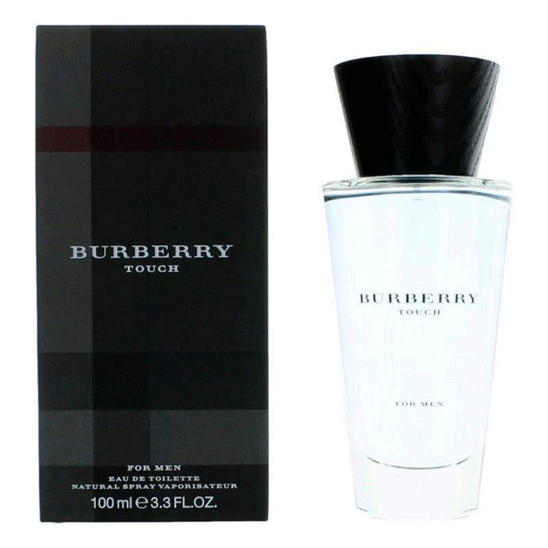 Burberry Touch for Men 3.3 oz EDT spray bottle, sleek design, and transparent packaging showing the fragrance inside.