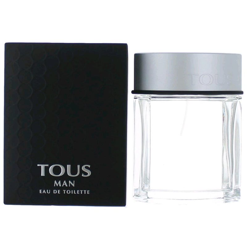 Tous Man men's 3.4 oz EDT spray bottle with sleek packaging and silver cap, showcasing the Tous fragrance for men.