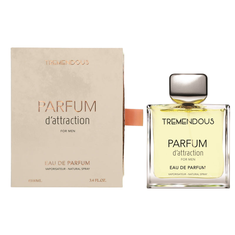 Tremendous Parfums Parfum D'Attraction 3.4 oz men's EDP spray bottle with sleek design and spray nozzle.