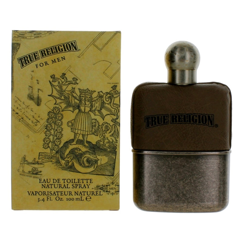 True Religion men's 3.4 oz EDT spray bottle, featuring sleek packaging and the True Religion brand logo.