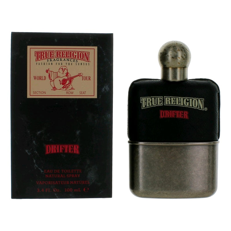 True Religion Drifter men's 3.4 oz EDT spray bottle, sleek packaging and design for a modern fragrance experience