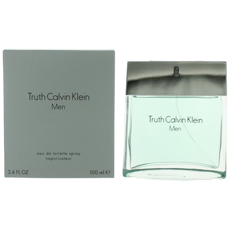 Calvin Klein Truth 3.4 oz men's EDT spray bottle with clear packaging and silver cap, showcasing the brand's minimalist design.