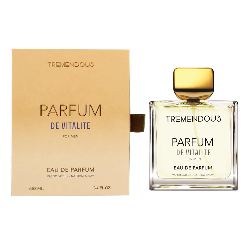 Tremendous Parfums Parfum De Vitalite 3.4 oz men's eau de parfum spray, elegant bottle with vibrant design