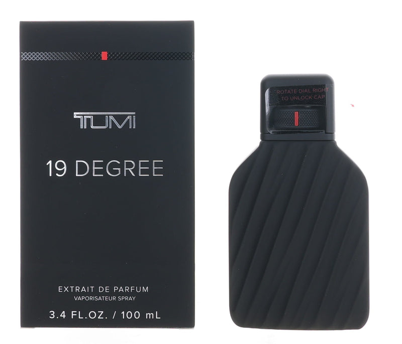 Tumi 19 Degree men's Extrait de Parfum spray bottle, 3.4 oz, with sleek packaging and branding visible in the image.