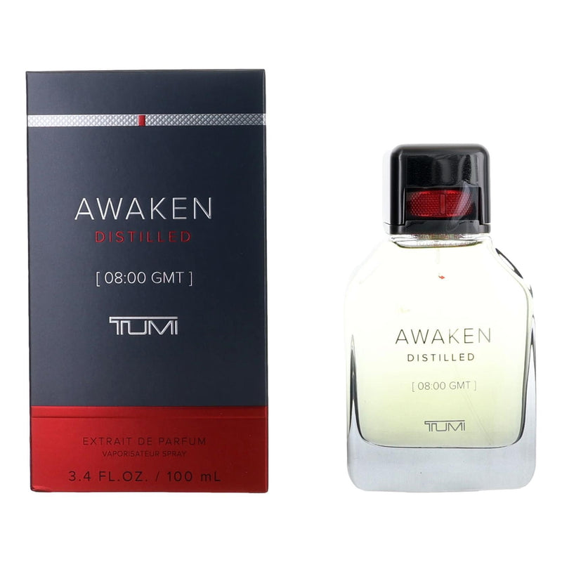 Tumi Awaken Distilled men’s 3.4oz Extrait de Parfum spray bottle with sleek design and label visible.