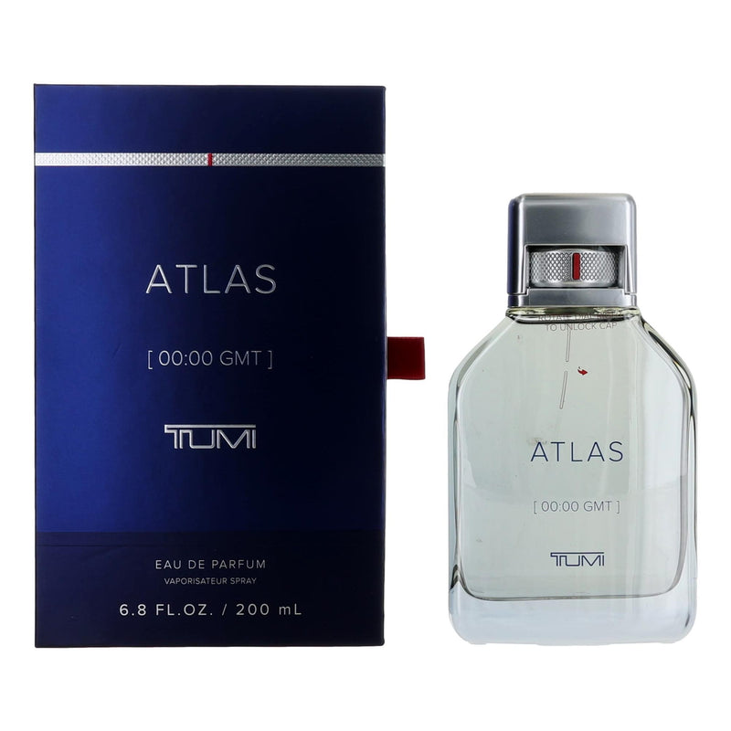 Tumi Atlas men's 6.8 oz EDP spray bottle with sleek design, ready for use, showcasing the Tumi brand's stylish packaging.