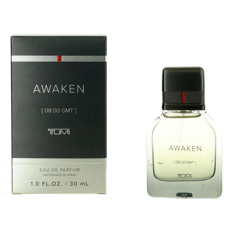 Tumi Awaken 1 oz men's EDP spray bottle, sleek design, ready for use, showcasing the fragrance for men.