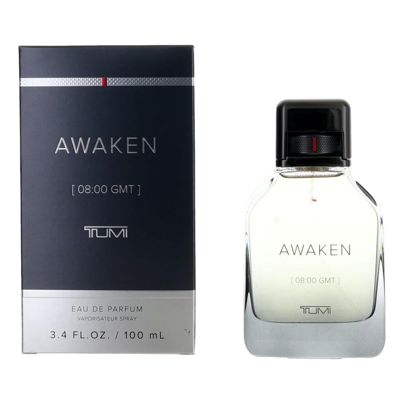 Tumi Awaken 3.4 oz men's EDP spray bottle with sleek design and Tumi branding.