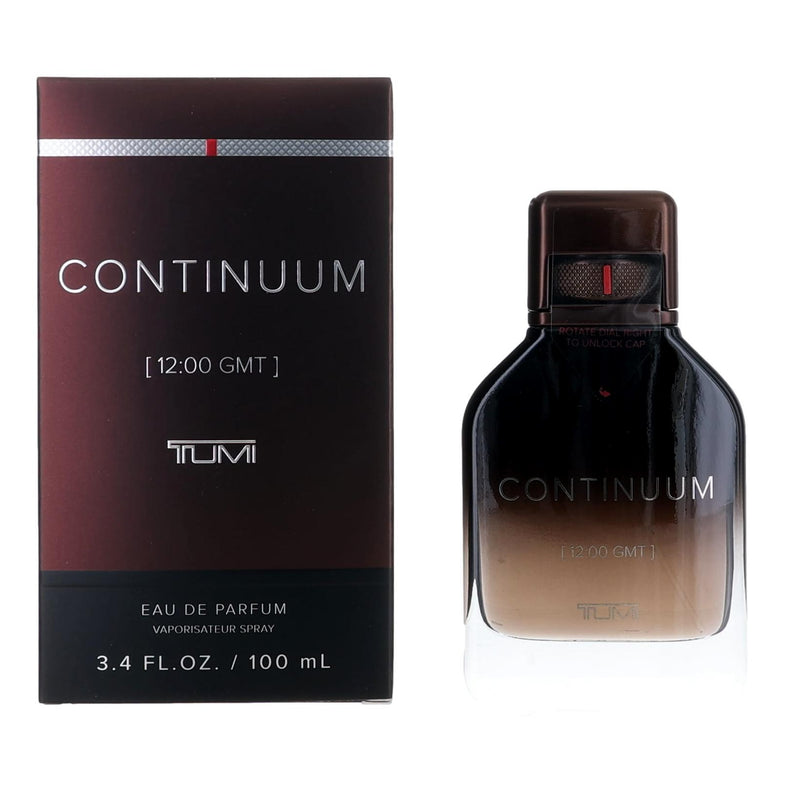 Tumi Continuum 12:00 GMT men's 3.4 oz EDP spray bottle, sleek design and physical fragrance product image.