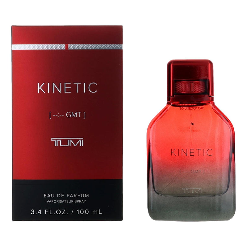 Tumi Kinetic [--:-- GMT] men's 3.4 oz EDP spray bottle with sleek design and packaging.