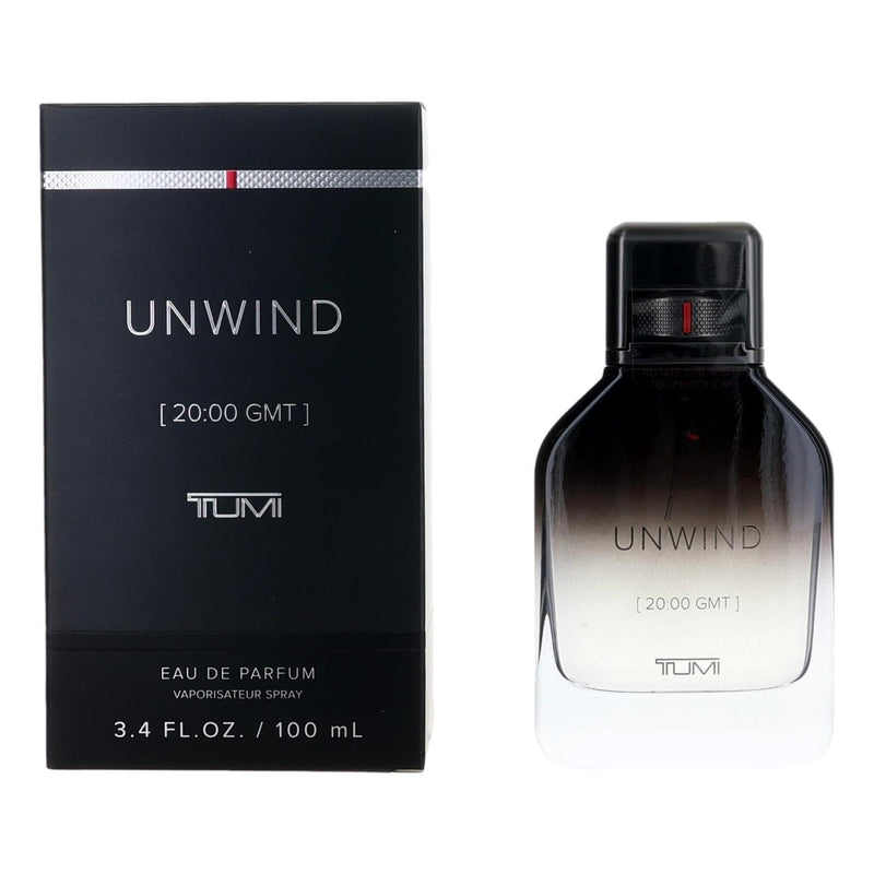 Tumi Unwind 3.4 oz men's EDP spray bottle, sleek design, ready for stylish wear and fresh fragrance.