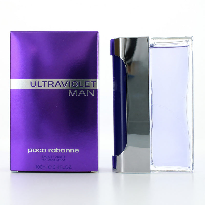 Paco Rabanne Ultraviolet Man 3.4 oz EDT spray for men, featuring sleek bottle design and dark color scheme.