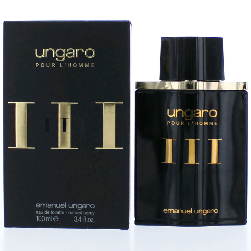 Emanuel Ungaro Pour L'Homme III 3.4 oz men's EDT spray bottle with sleek packaging, representing a sophisticated fragrance.