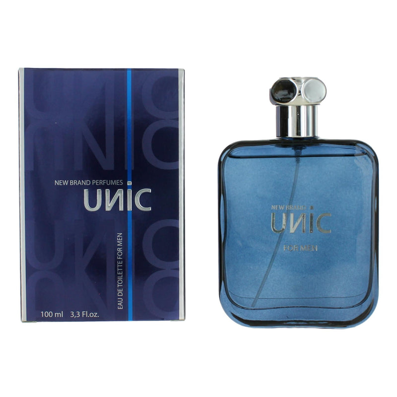 Unic by New Brand 3.3 oz men's EDT spray bottle with sleek design, shown in a close-up image.