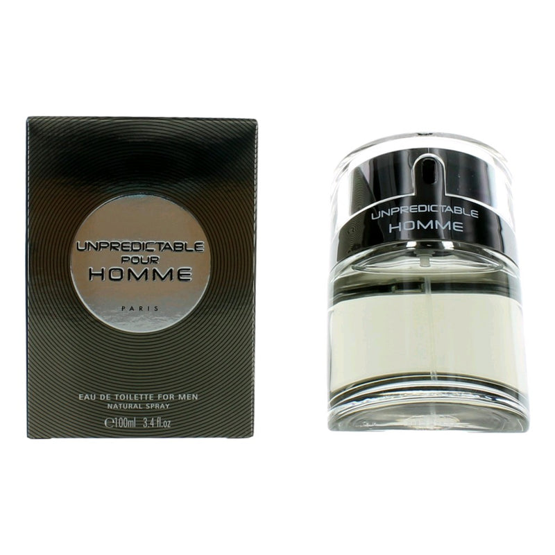 Unpredictable Pour Homme by Glenn Perri 3.4 oz men's EDT spray bottle with sleek packaging and branding.