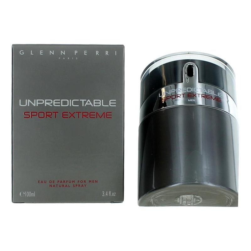 Glenn Perri Unpredictable Sport Extreme men's 3.4 oz EDP spray bottle, sleek design, suitable for active, sporty occasions.