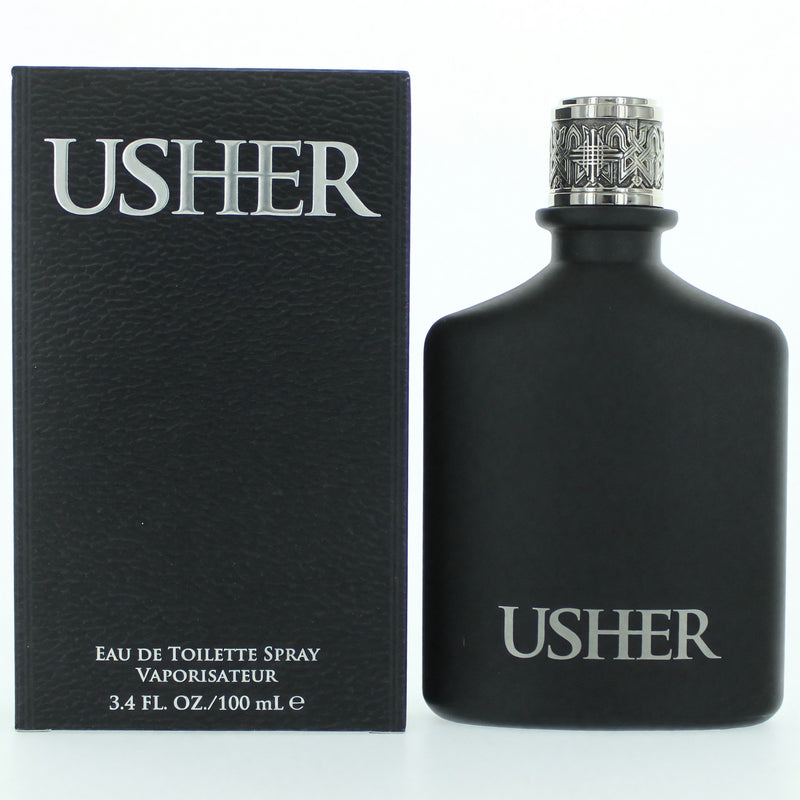 Usher by Usher men's 3.4 oz EDT spray bottle, featuring sleek packaging and a modern design for masculine fragrance.