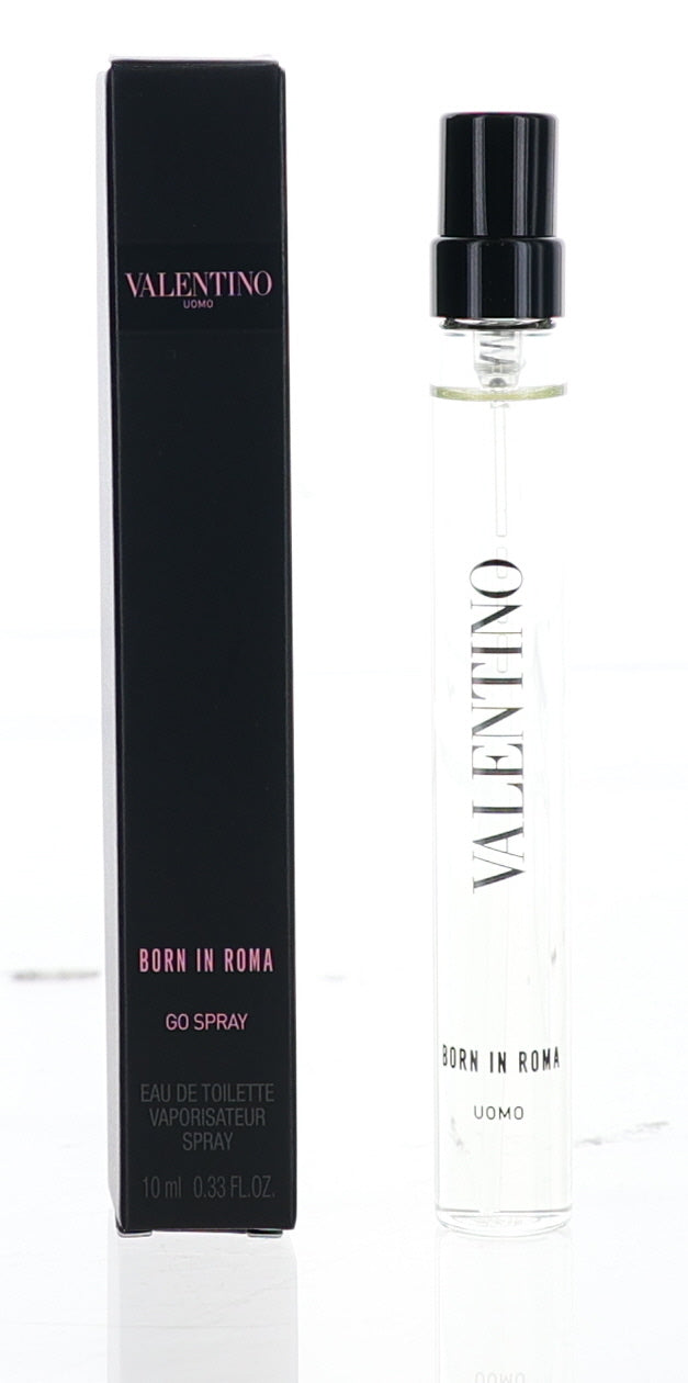 Valentino Uomo Born In Roma men's 0.33 oz EDT spray bottle with sleek packaging and Valentino branding.