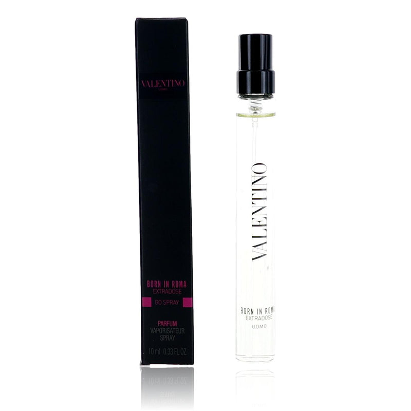 Valentino Uomo Born In Roma Extradose men's 0.33oz parfum spray bottle with sleek design and Valentino branding.