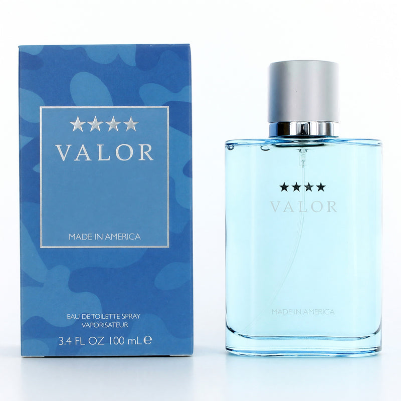 Dana Valor men's 3.4 oz EDT spray bottle, sleek physical fragrance design with silver and navy accents.