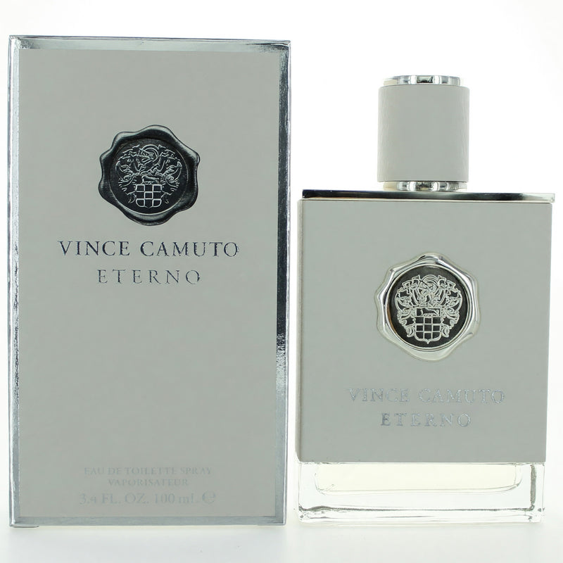 Vince Camuto Eterno 3.4 oz men's EDT spray bottle with sleek packaging and clear label.