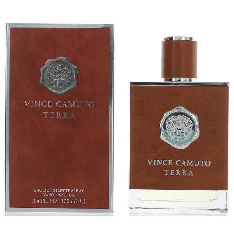 Vince Camuto Terra men's 3.4 oz EDT spray bottle with sleek packaging and branding visible.