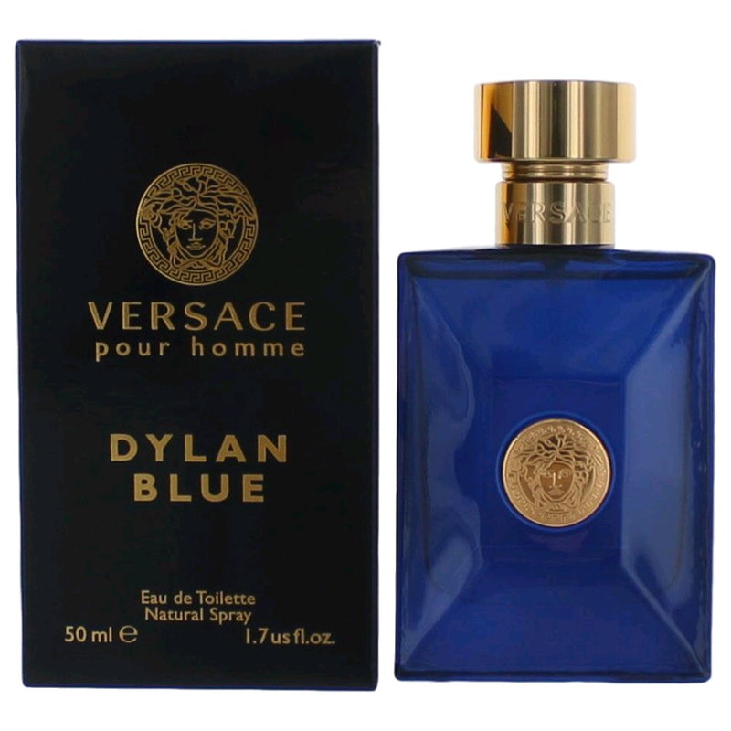 Versace Pour Homme Dylan Blue 1.7 oz men's EDT spray bottle with sleek design and blue accents.