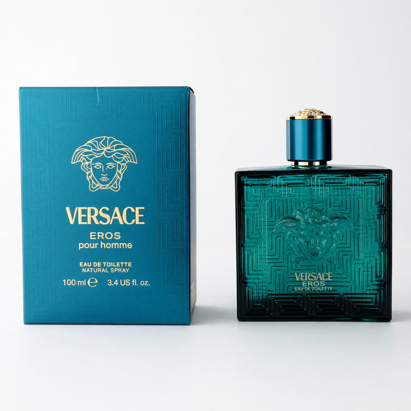Versace Eros men's 3.4 oz EDT spray bottle with sleek design and branding, displayed on a neutral background.