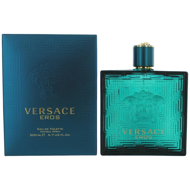 Eros by Versace men's 6.7 oz Eau de Toilette spray bottle with ornate design and Versace branding visible.