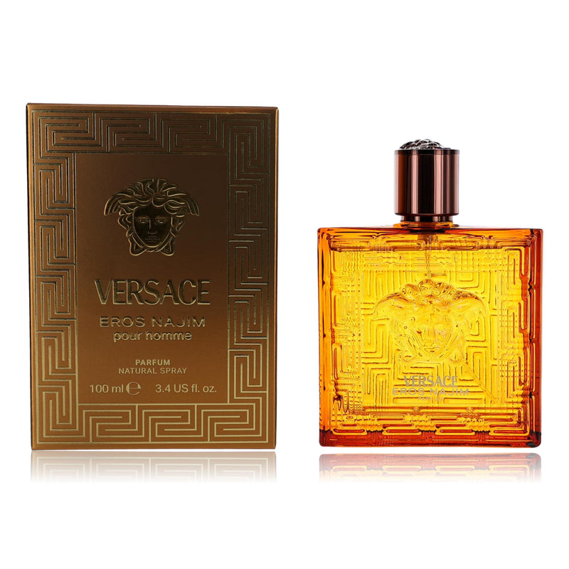 Versace Eros Najim 3.4 oz men's parfum spray bottle with sleek design and elegant packaging.