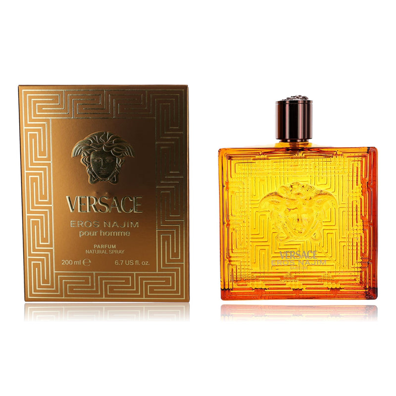 Versace Eros Najim men's 6.7 oz parfum spray bottle, sleek design, elegant packaging, ready for use