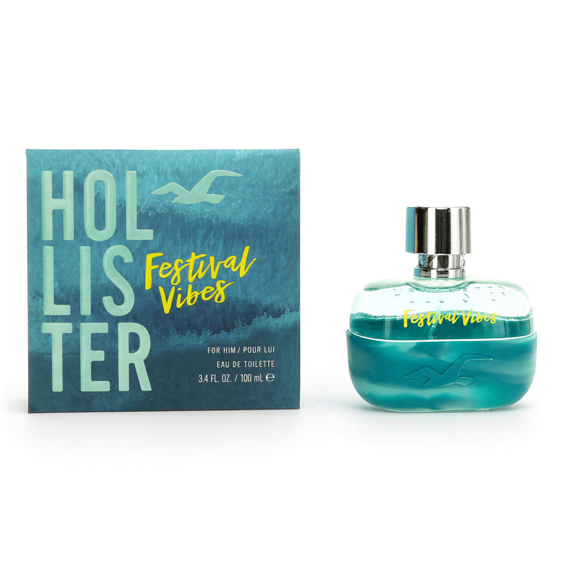 Hollister Festival Vibes men's 3.4 oz EDT spray bottle with vibrant label and compact design for outdoor wear.