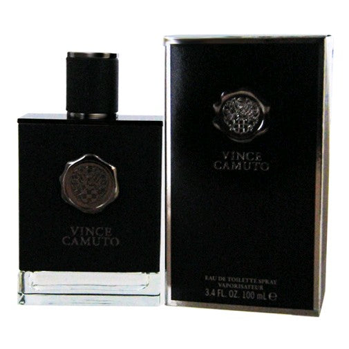Vince Camuto men's 3.4 oz EDT spray bottle with sleek packaging and branding, designed for a fresh, masculine scent.