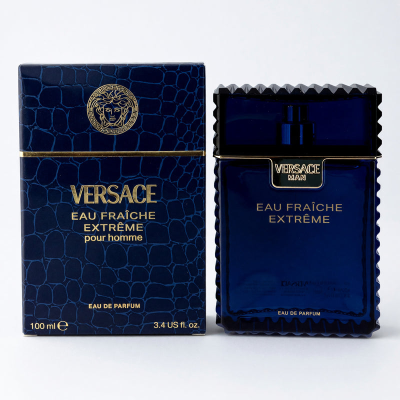 Versace Fraîche Extreme men's 3.4 oz EDP spray bottle with sleek packaging and silver cap, displayed on a white background.