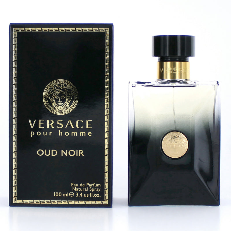Versace Pour Homme Oud Noir 3.4 oz men's EDP spray bottle with elegant packaging, showcasing the luxury fragrance design.