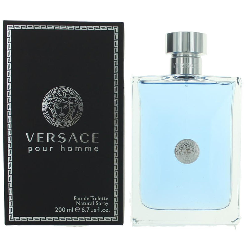 Versace Pour Homme 6.7 oz men's EDT spray bottle, sleek design with the Versace logo and elegant packaging.