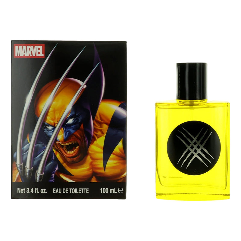 Wolverine by Marvel 3.4 oz men's EDT spray bottle from Air-Val International, featuring Wolverine's logo and packaging design.