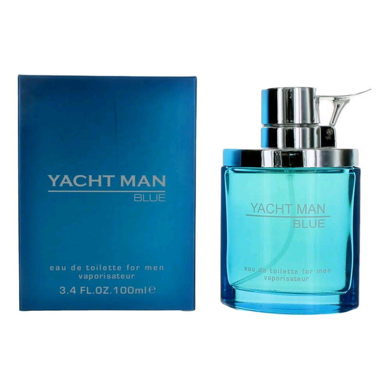 Myrurgia Yacht Man Blue 3.4 oz men's EDT spray bottle with blue and silver packaging design.