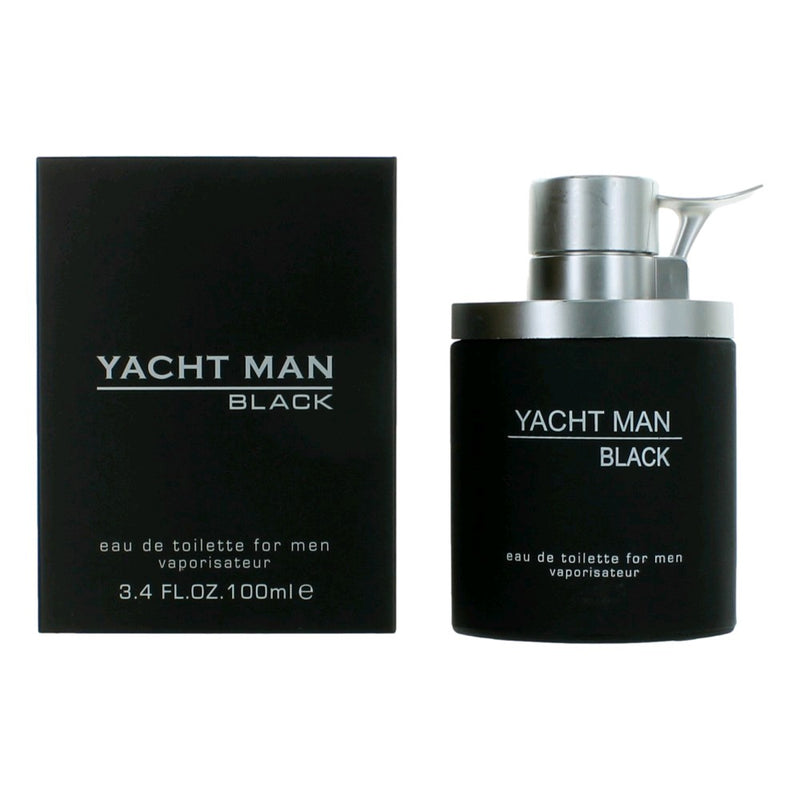Yacht Man Black by Myrurgia men's 3.4 oz EDT spray bottle with sleek black design and silver accents.