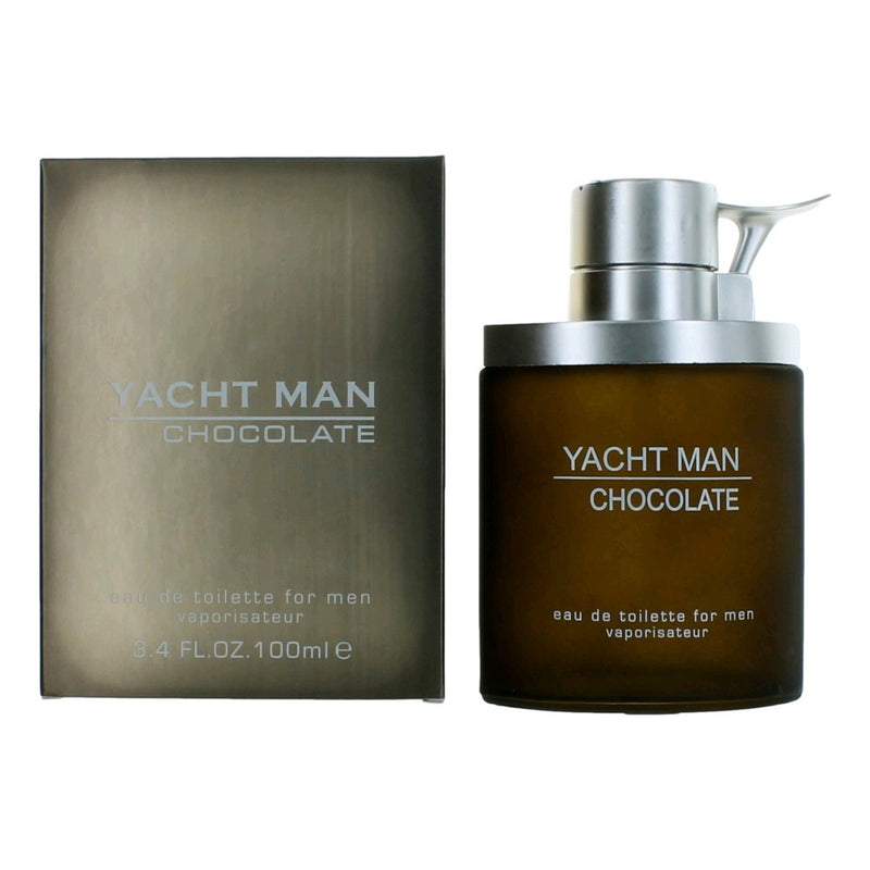 Myrurgia Yacht Man Chocolate men's 3.4 oz EDT spray bottle with sleek packaging and navy blue accents.