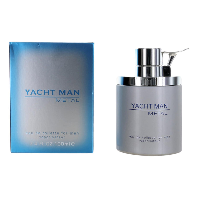 Myrurgia Yacht Man Metal 3.4 oz men's EDT spray bottle with sleek metallic design and clear label.