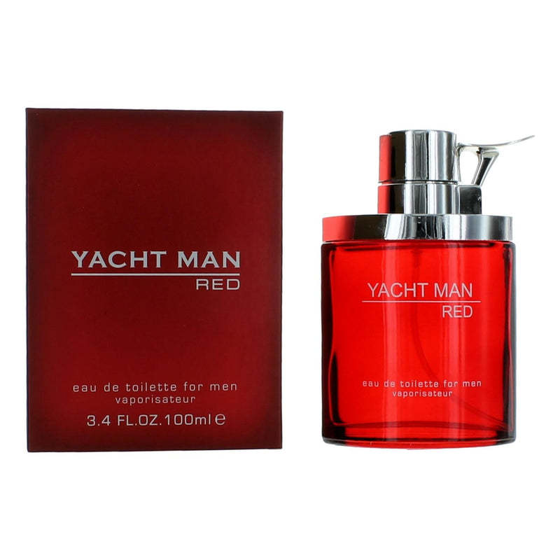 Yacht Man Red by Myrurgia 3.4 oz EDT spray for men, featuring the sleek red bottle and cap, on a neutral background.