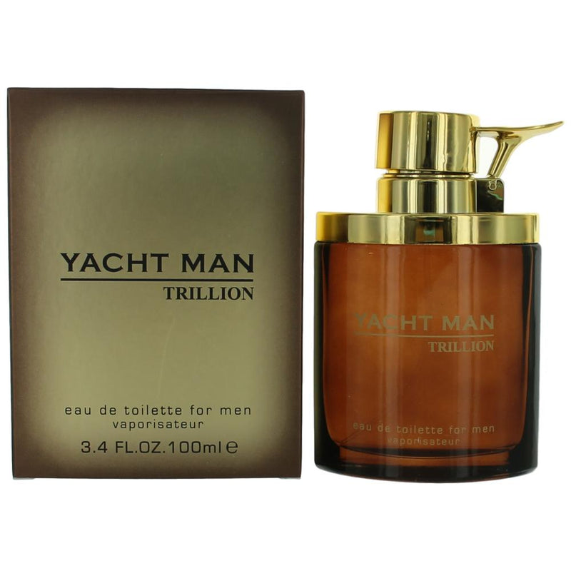 Myrurgia Yacht Man Trillion 3.4 oz men's EDT spray bottle with sleek design and silver cap.