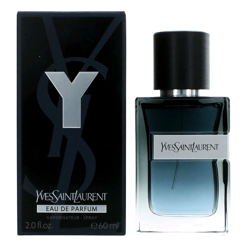 Yves Saint Laurent Y men's 2 oz Eau de Parfum spray bottle with sleek packaging and black cap.
