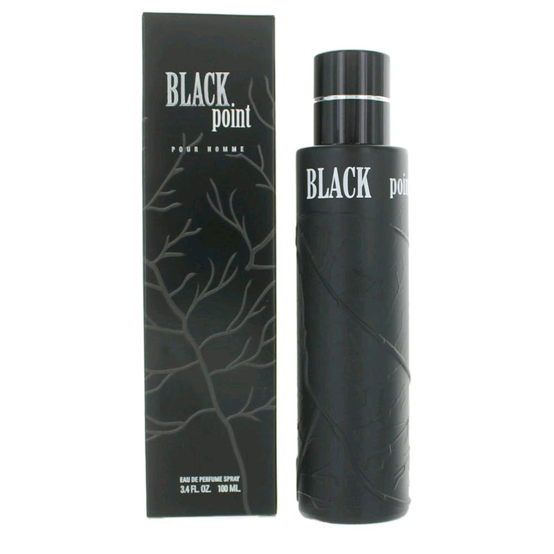 Black Point by YZY men's Eau De Perfume spray bottle in black, 3.4 oz, with a sleek cylindrical design and spray nozzle.
