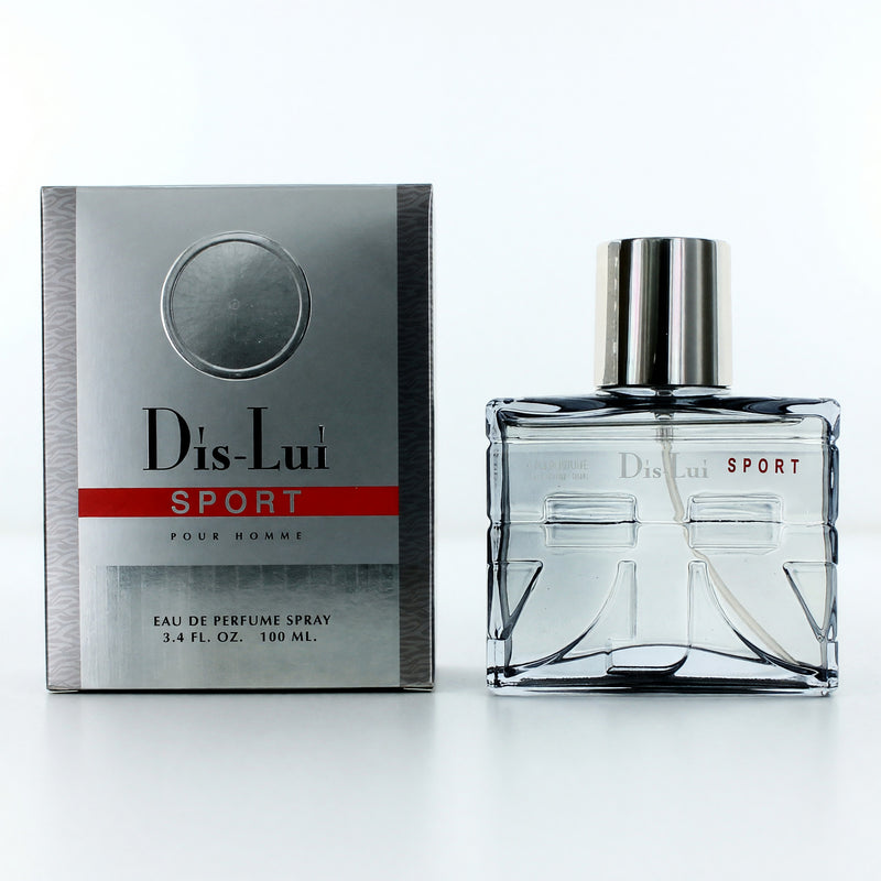YZY Dis Lui Sport men's 3.4 oz Eau De Perfume spray bottle with sleek design and branding visible.