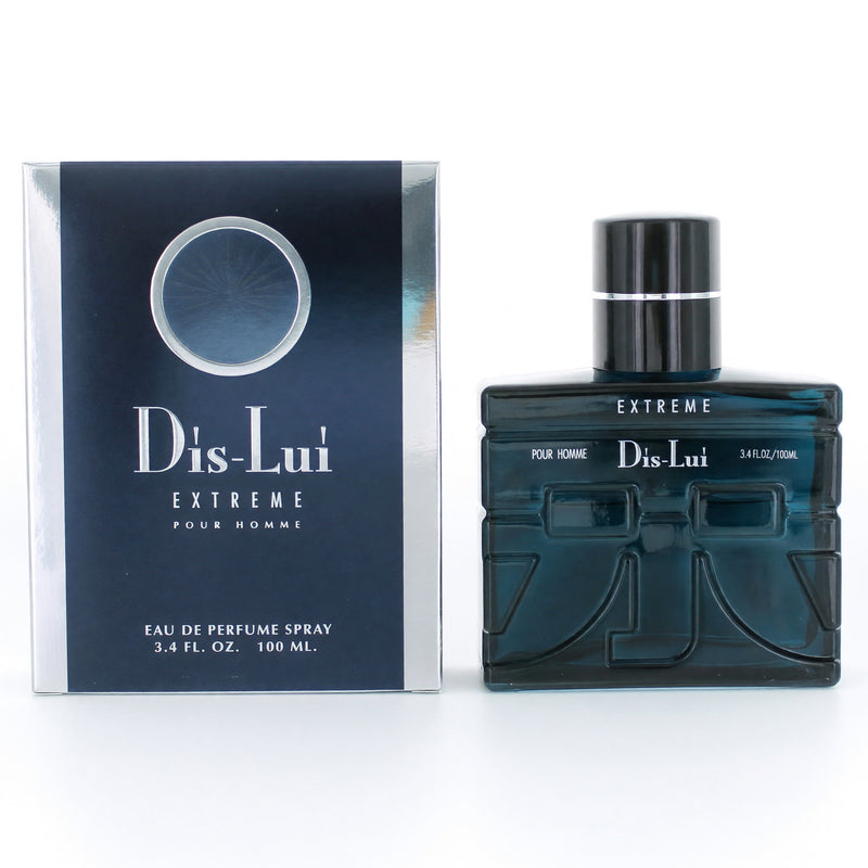 YZY Dis Lui Extreme 3.4 oz men's EDP spray bottle, sleek physical fragrance container with black and silver design.