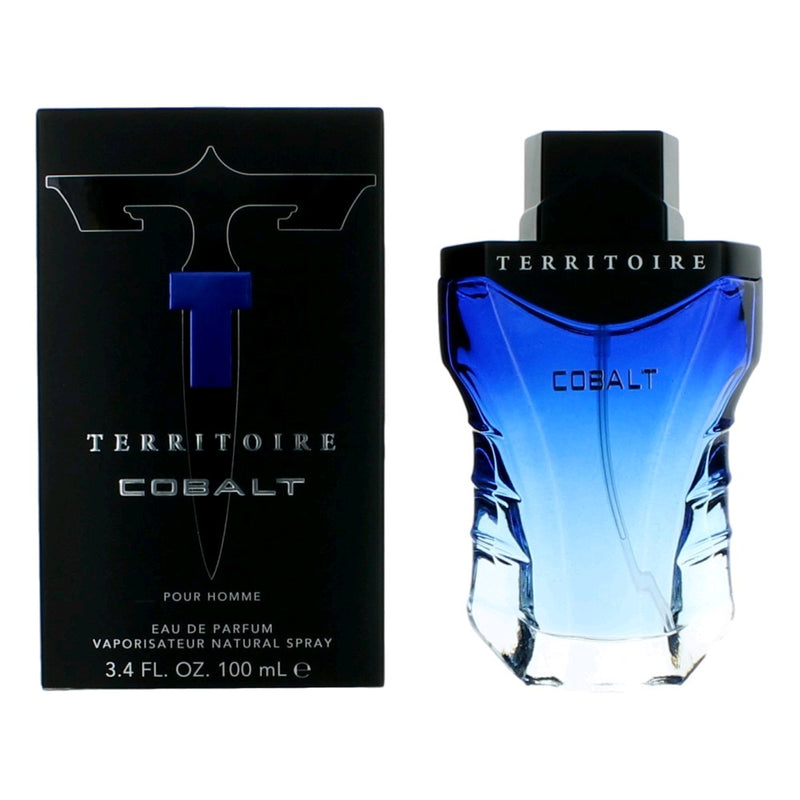 YZY Territoire Cobalt men's 3.4 oz EDP spray bottle with sleek packaging and blue accents, showcasing the fragrance design.