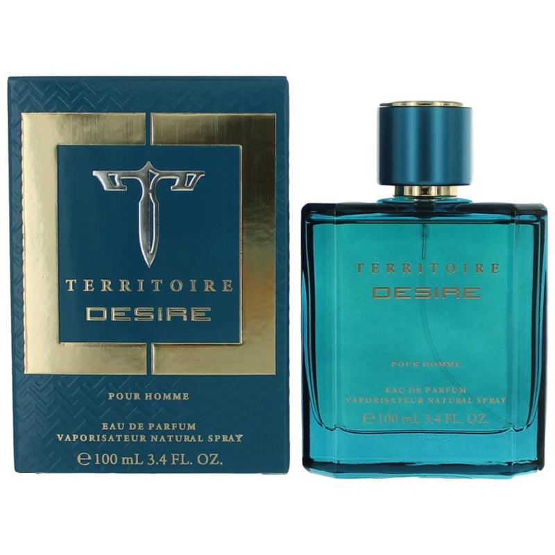 YZY Territoire Desire 3.4 oz men's EDP spray bottle with sleek packaging and elegant design.